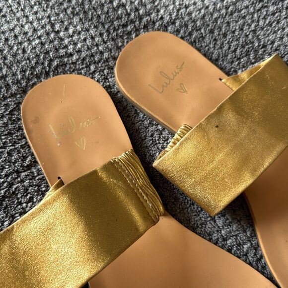 Lulus Caylee Gold Cognac Leather Flat Sandals Size 7.5 Braided Summer Slip-On - Picture 4 of 10